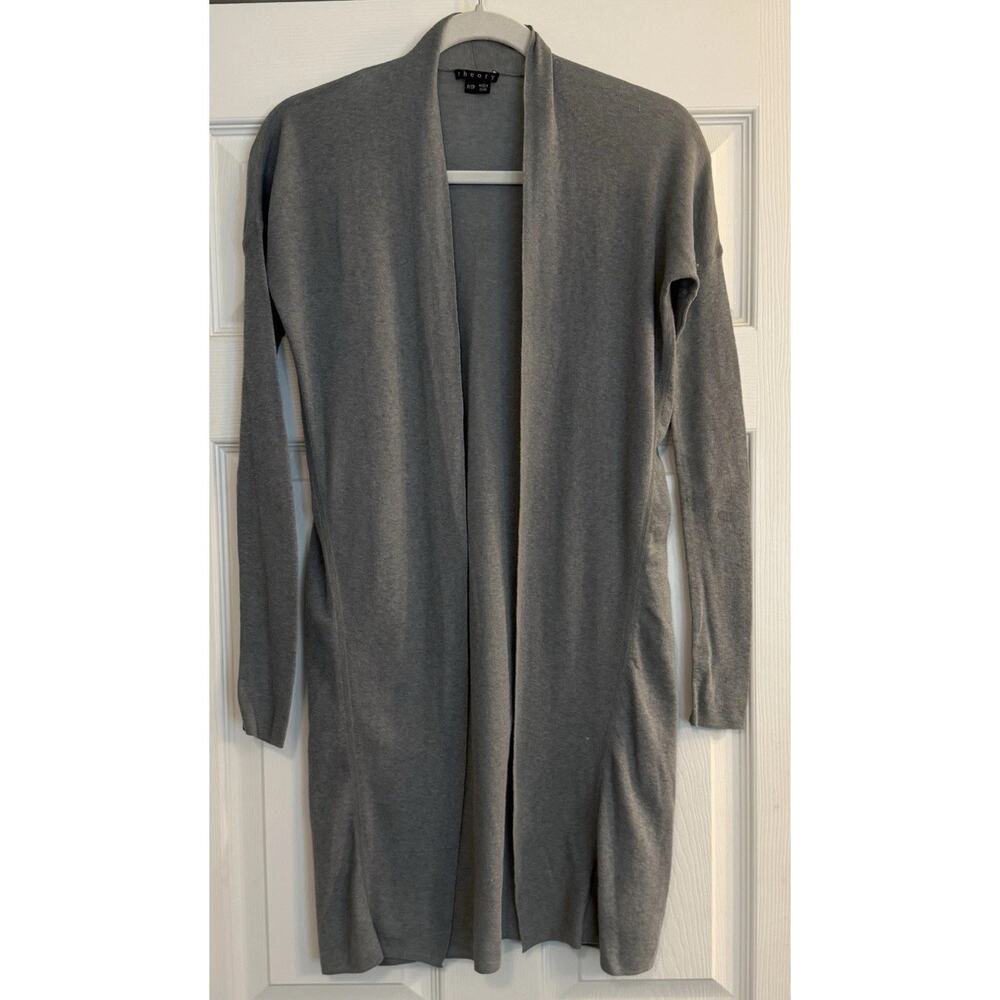 Theory Long Cardigan Sz Petite Tall Gray Cashmere Blend Open‎ Front Lightweight